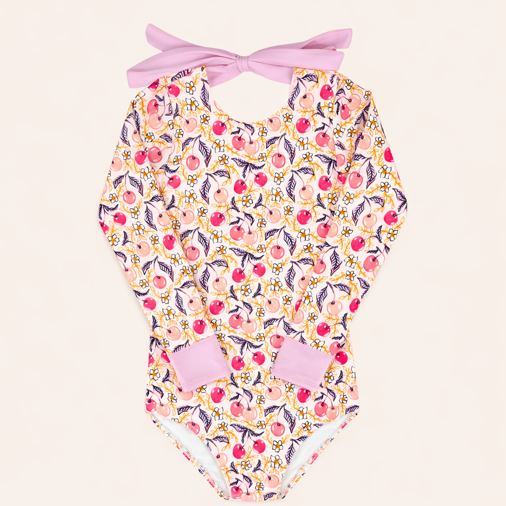 Santine Cherry One Piece Long Sleeve - Retro Kids' Swimwear
