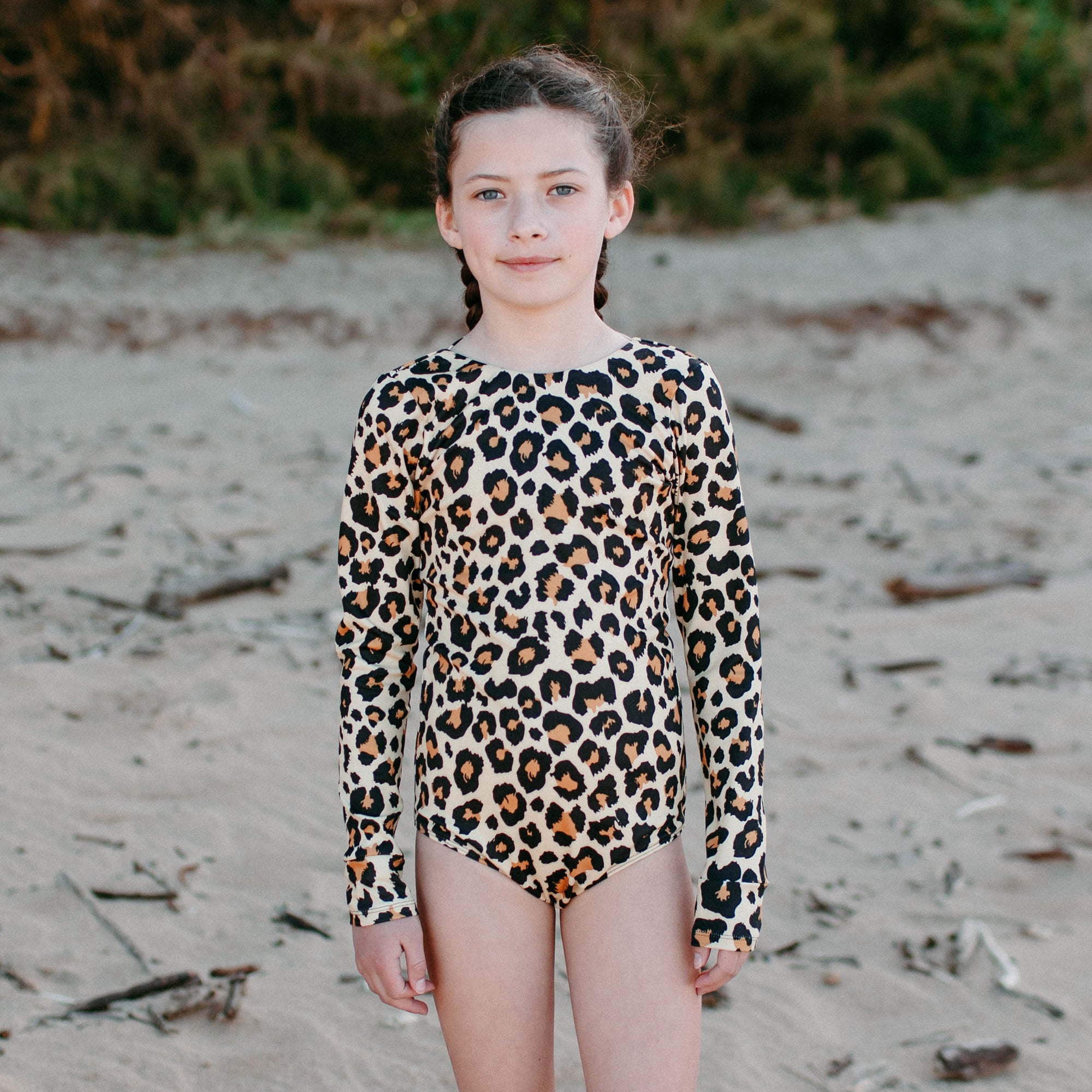 Leopard Girls One Piece Long Sleeve Retro Kids Swimwear Saint Ida