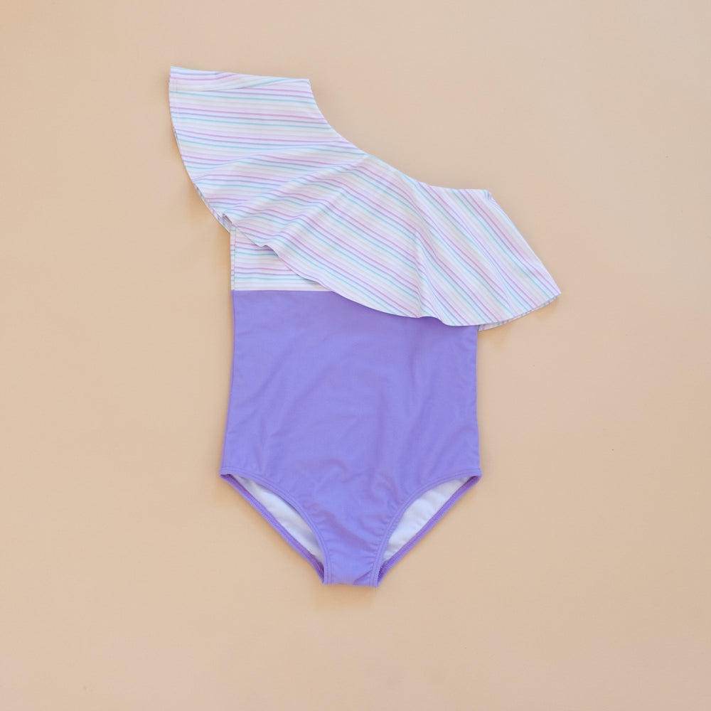 Pastel Rainbow Stripe One Shoulder Swim Suit