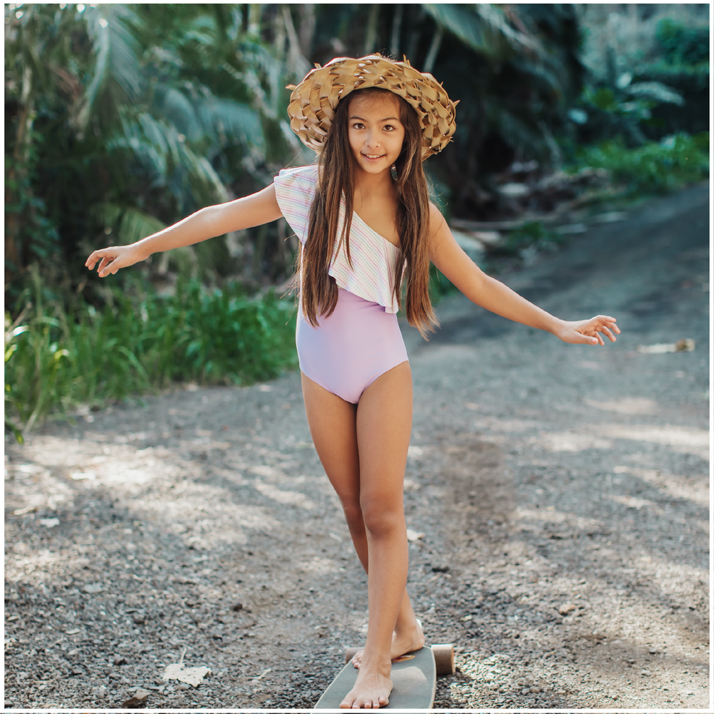 Pastel Rainbow Stripe One Shoulder Swim Suit