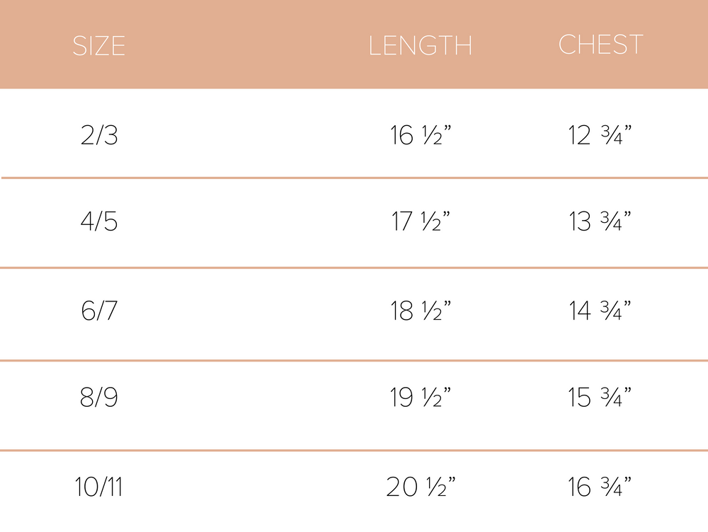 Raglan Tee size chart